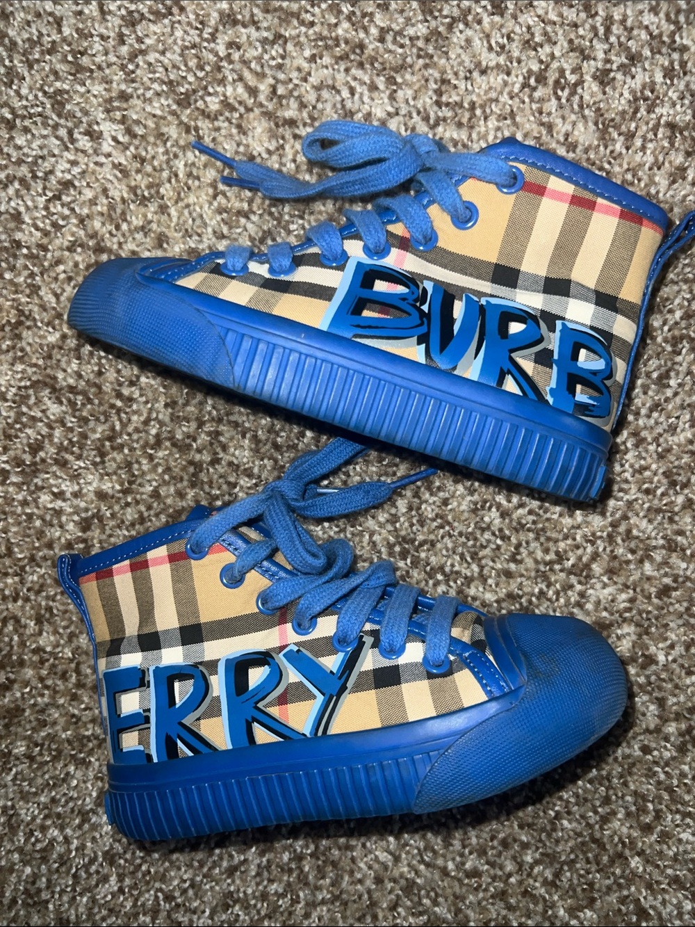 Burberry Blue Plaid Graffiti Kids High-Top Sneakers
